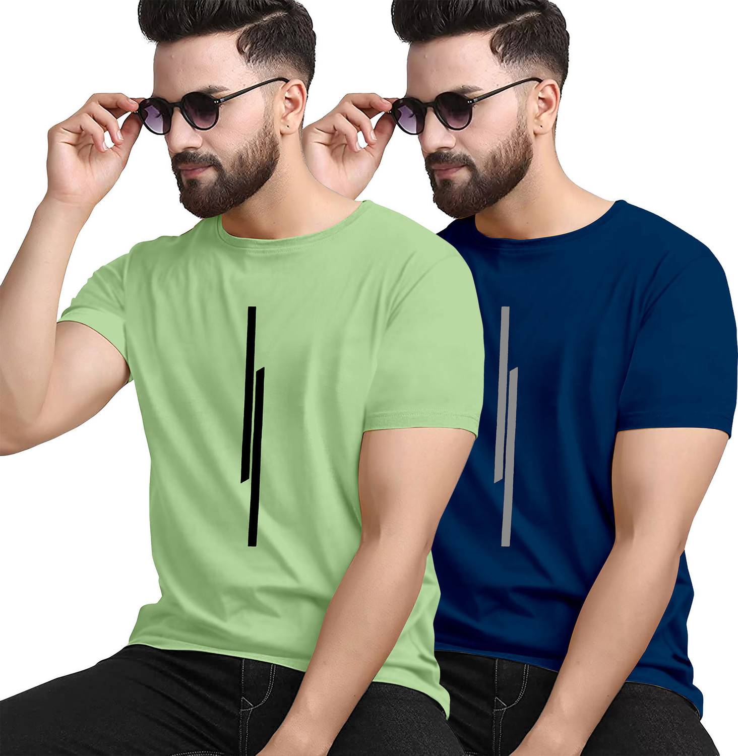 KAJARU Pack of 2 Men Striped Round Neck Polyester Green, Dark Blu