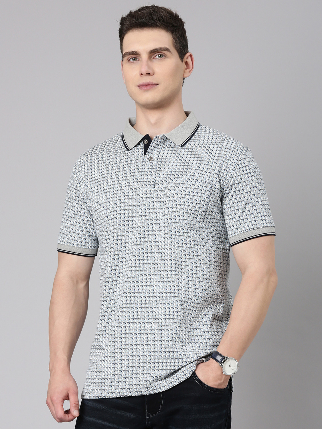 Image of Classic Polo Printed Men Polo Neck Grey T-Shirt