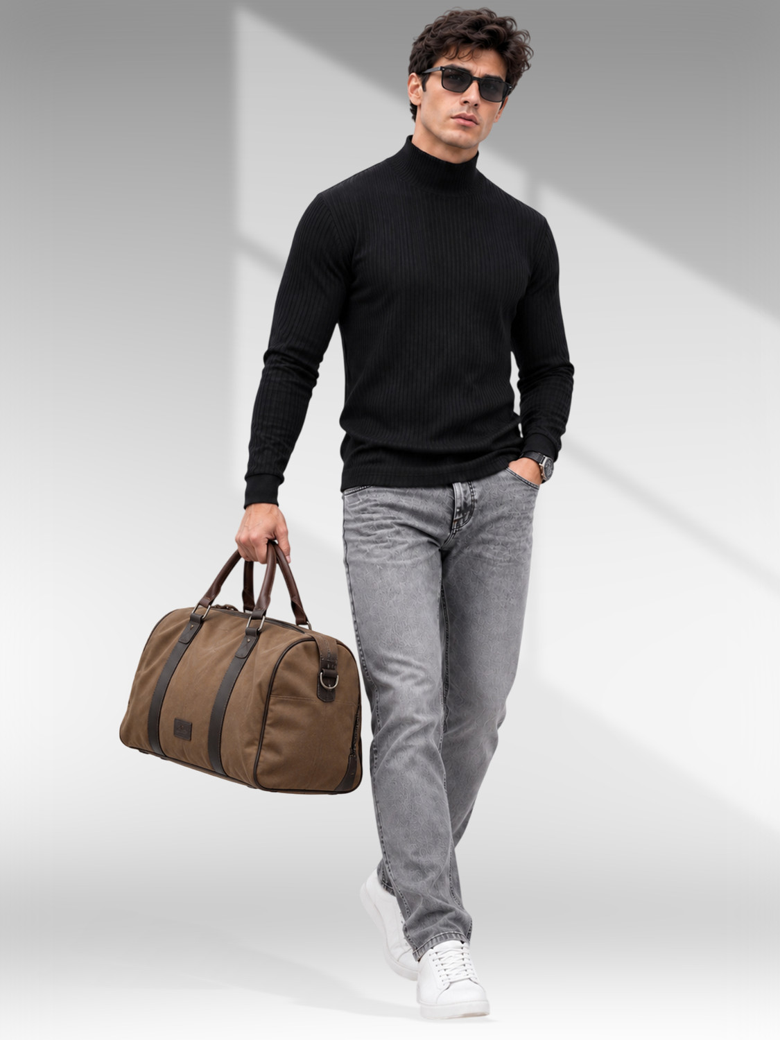 Image of GK ROOTS Striped Men Turtle Neck Black T-Shirt