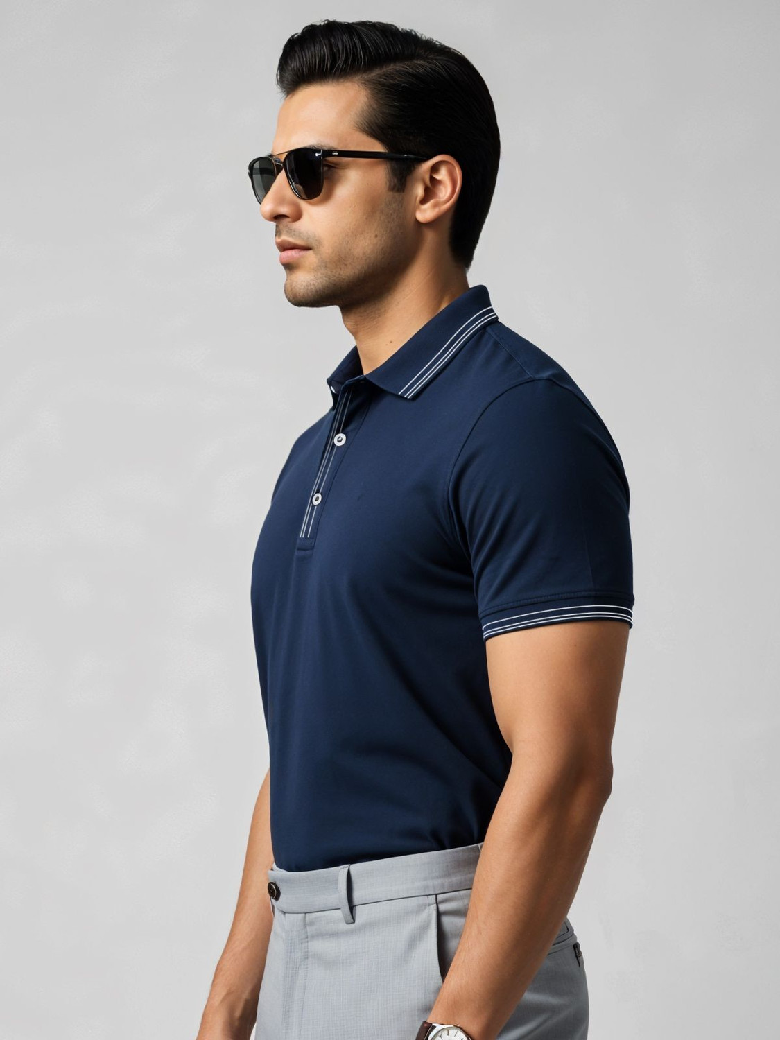 Image of ADRO Solid Men Polo Neck Navy Blue T-Shirt