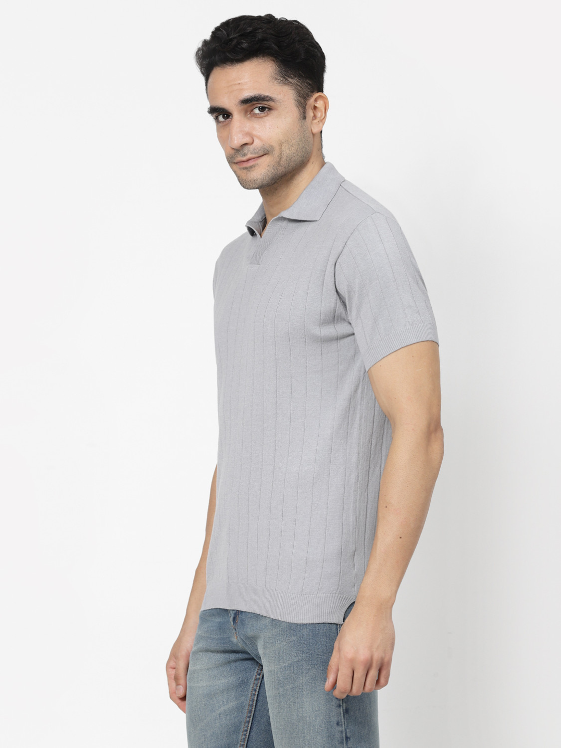 Image of KALT Self Design Men Polo Neck Grey T-Shirt