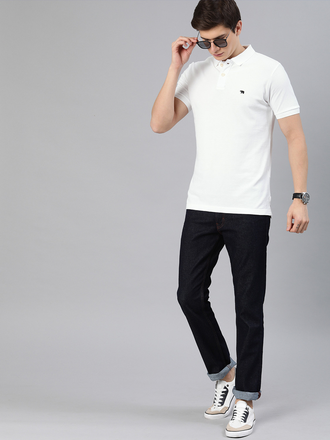 Image of THE BEAR HOUSE Solid Men Polo Neck White T-Shirt