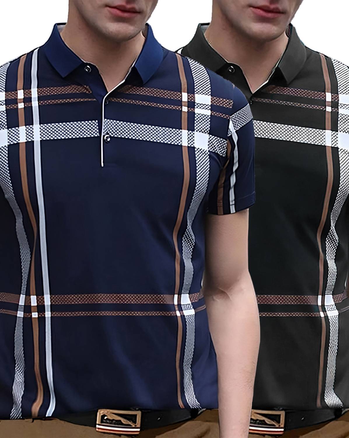 AUSK Pack of 2 Men Checkered Polo Neck Cotton Blend Multicolor T-