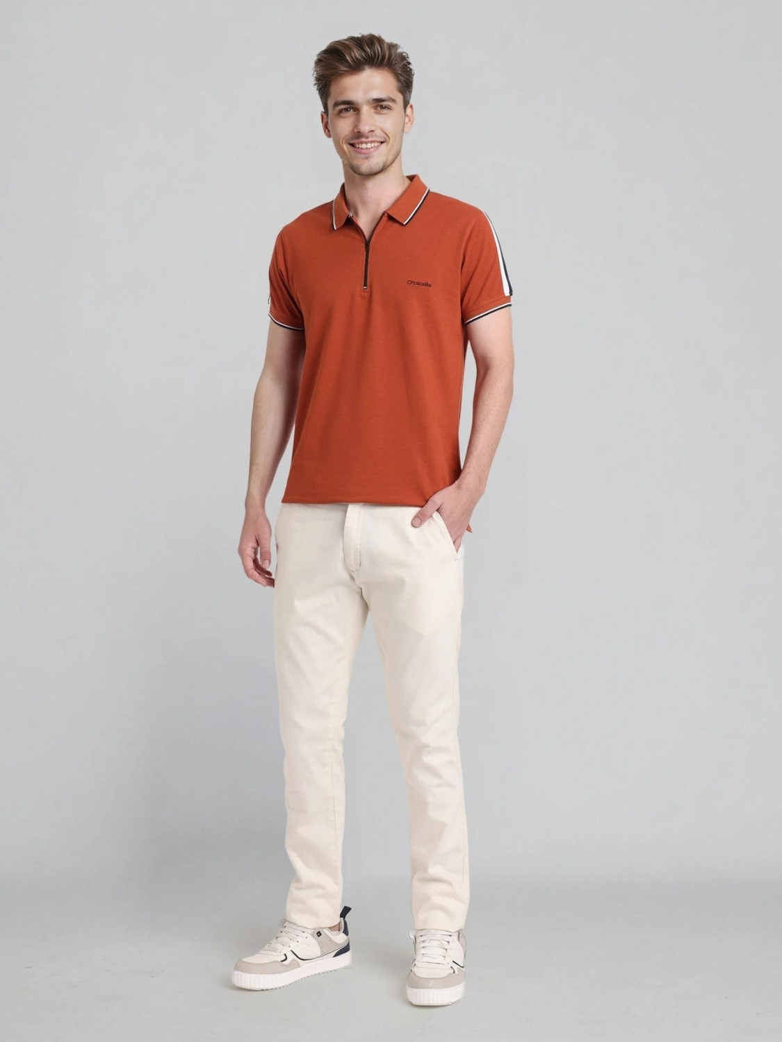 Image of CROCODILE Solid Men Polo Neck Brown T-Shirt