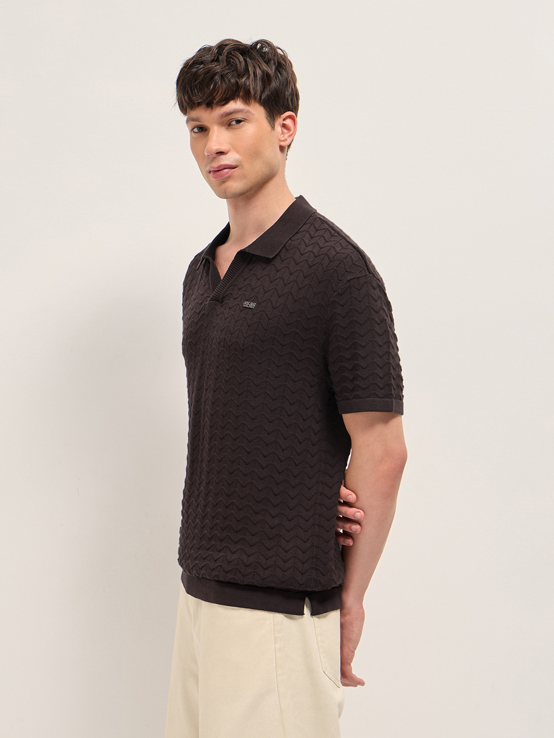 Image of THE BEAR HOUSE Self Design Men Polo Neck Brown T-Shirt