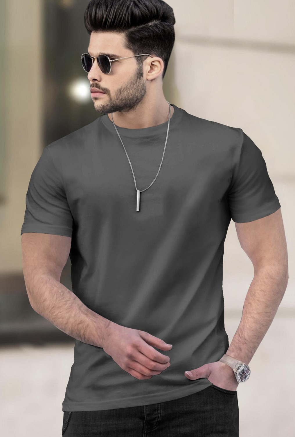 Image of TRIPR Solid Men Grey T-Shirt