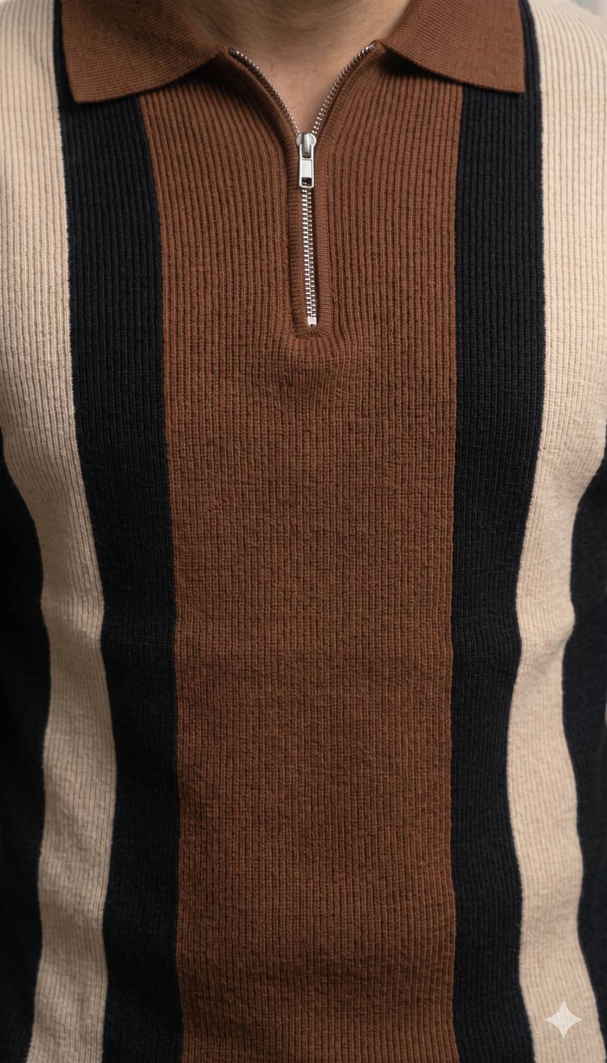 Try Striped Men Zip Neck Beige T-Shirt - Image 2