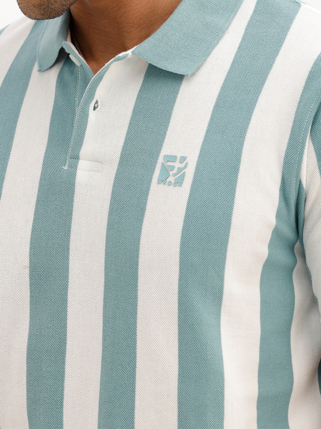 Image of WROGN Men Striped Polo Neck Pure Cotton Green T-Shirt