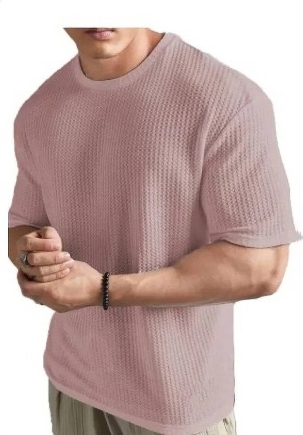 Jaswear Men Self Design Round Neck Cotton Blend Pink T-Shirt
