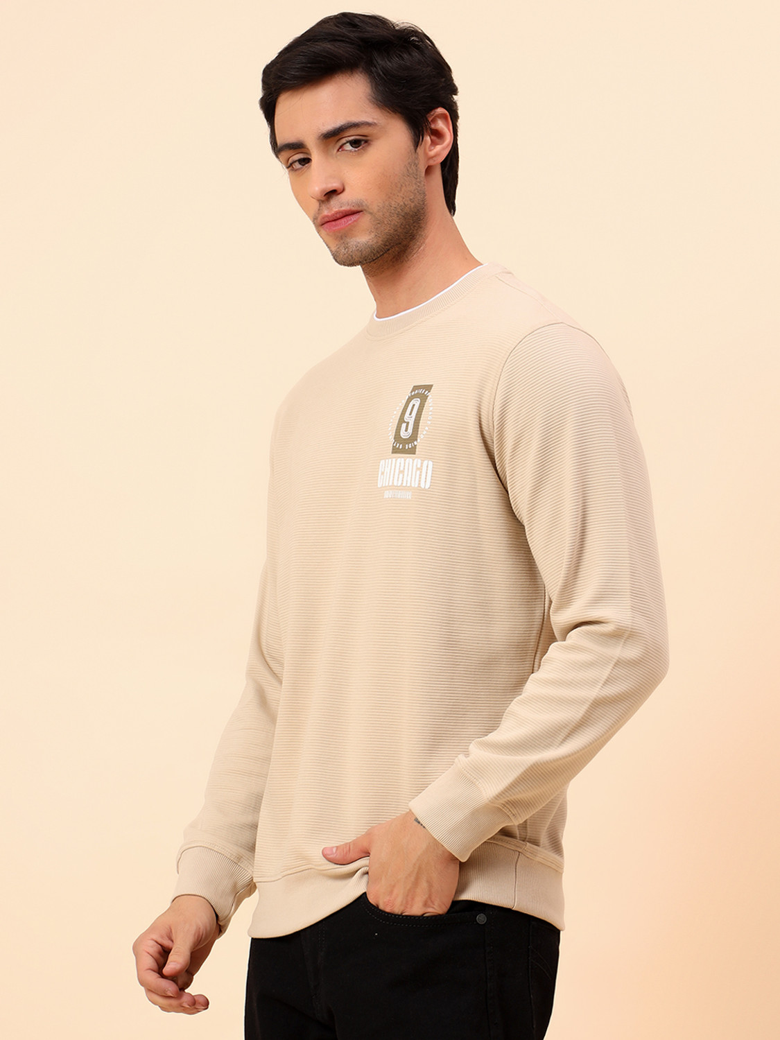 Image of CANTABIL Printed Men Round Neck Beige T-Shirt