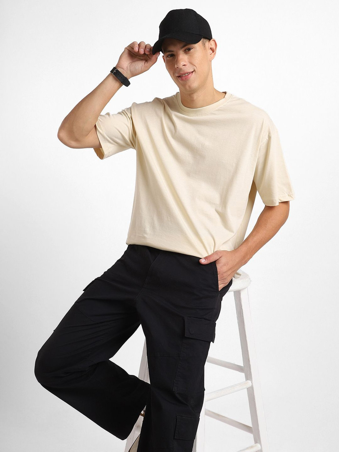 Image of NOBERO Solid Men Round Neck Beige T-Shirt