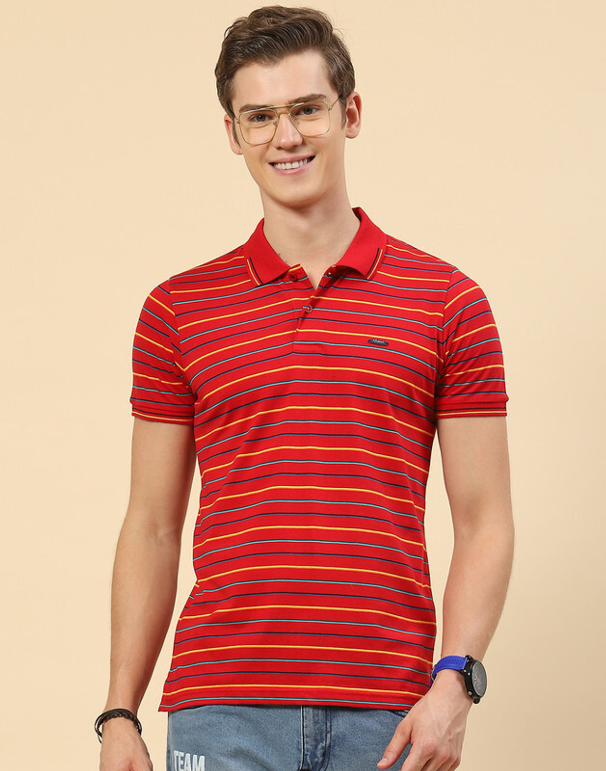 Image of MONTE CARLO Striped Men Polo Neck Red, Grey T-Shirt