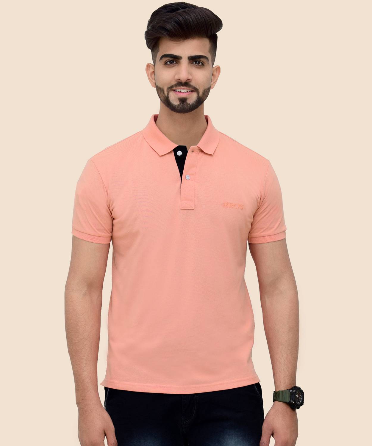 3BROS Men Solid Polo Neck Cotton Blend (220 gsm) Orange T-Shirt