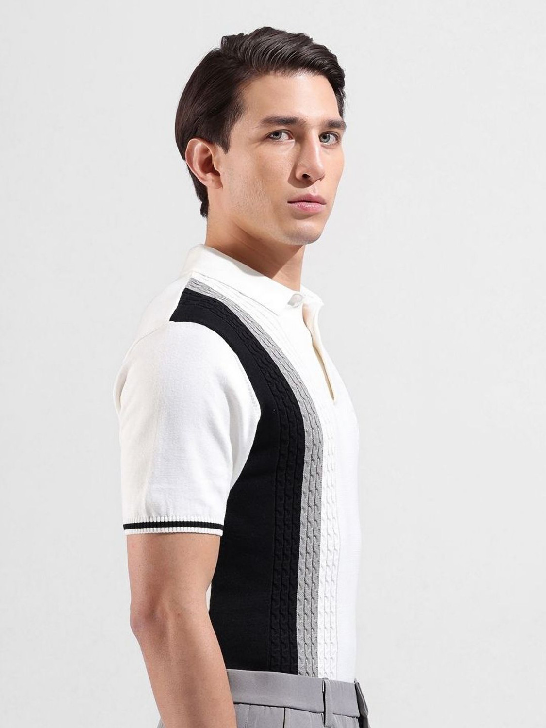 Image of The Indian Garage Co. Self Design Men Polo Neck White T-Shirt