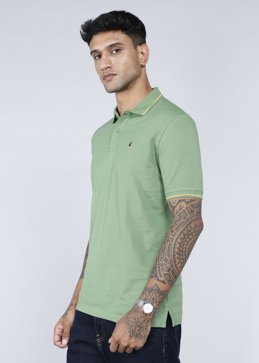 Image of Louis Philippe Jeans Men Solid Polo Neck Pure Cotton Green T-Shirt
