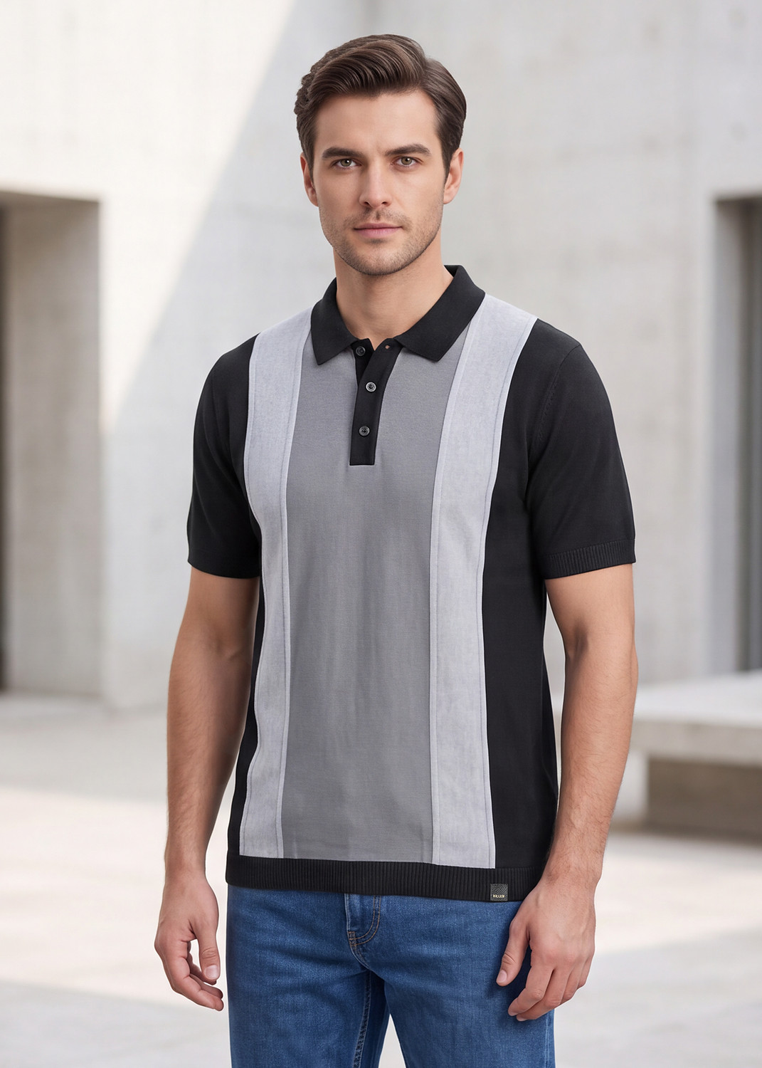 Image of KILLER Flat knit Men Striped Polo Neck Cotton Blend Black T-Shirt