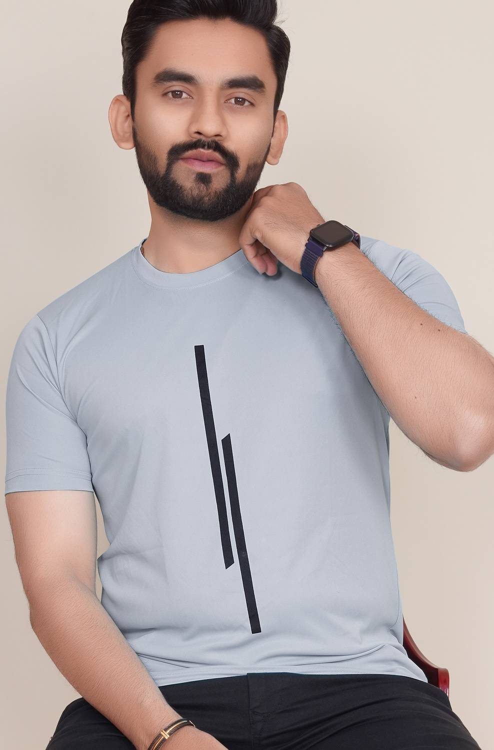 KAJARU Men Striped Round Neck Polyester Grey T-Shirt