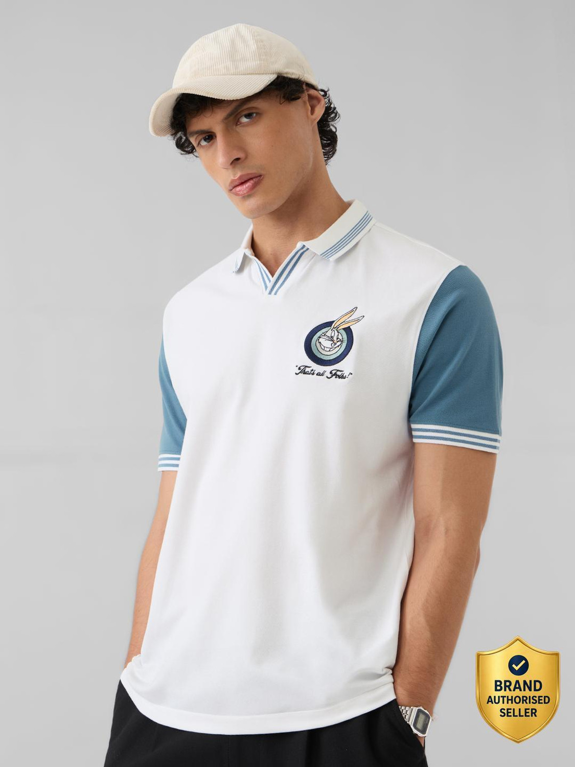 Image of The Souled Store Embroidered Men Polo Neck White T-Shirt