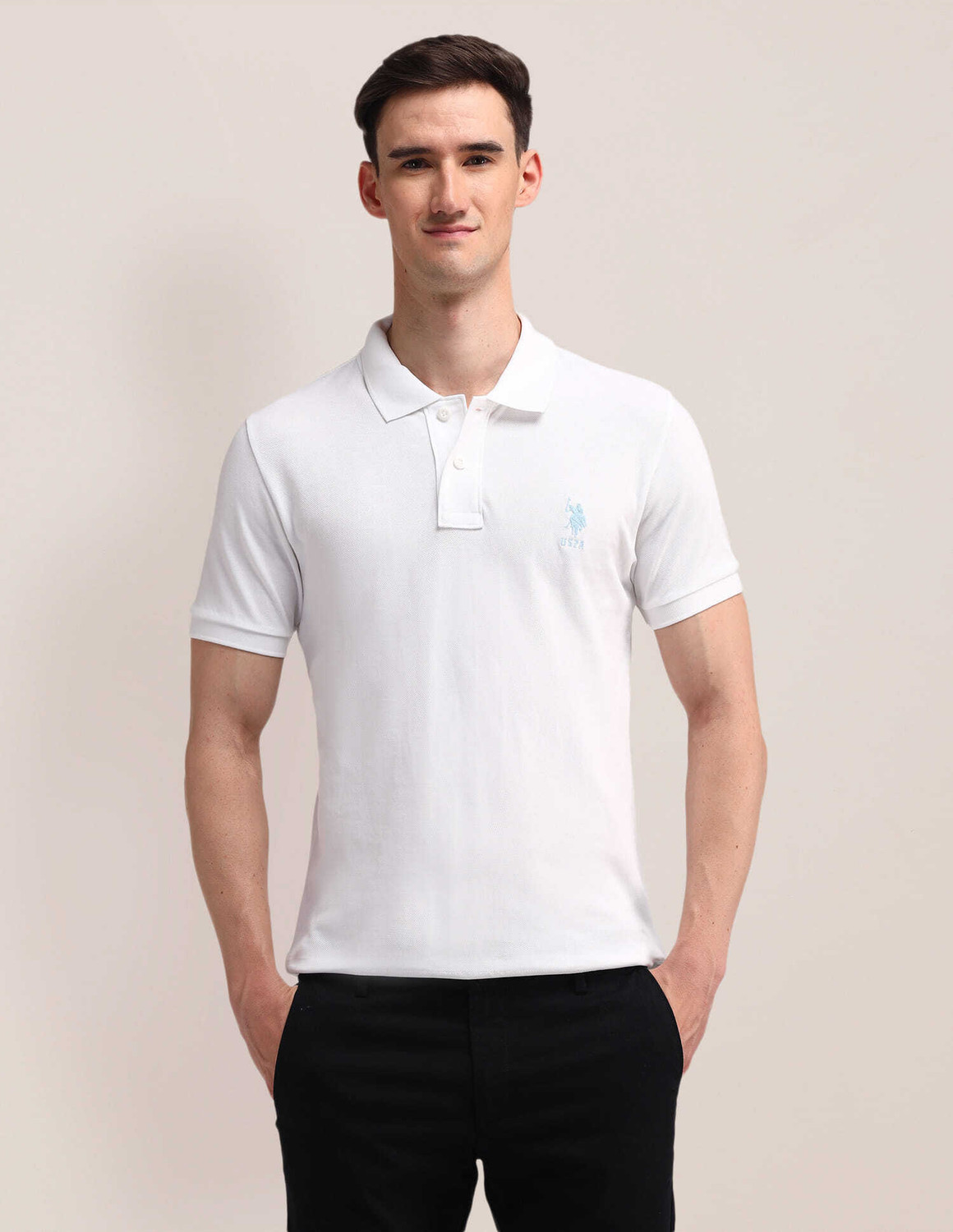 Image of U.S. POLO ASSN. Men Solid Polo Neck Pure Cotton White T-Shirt