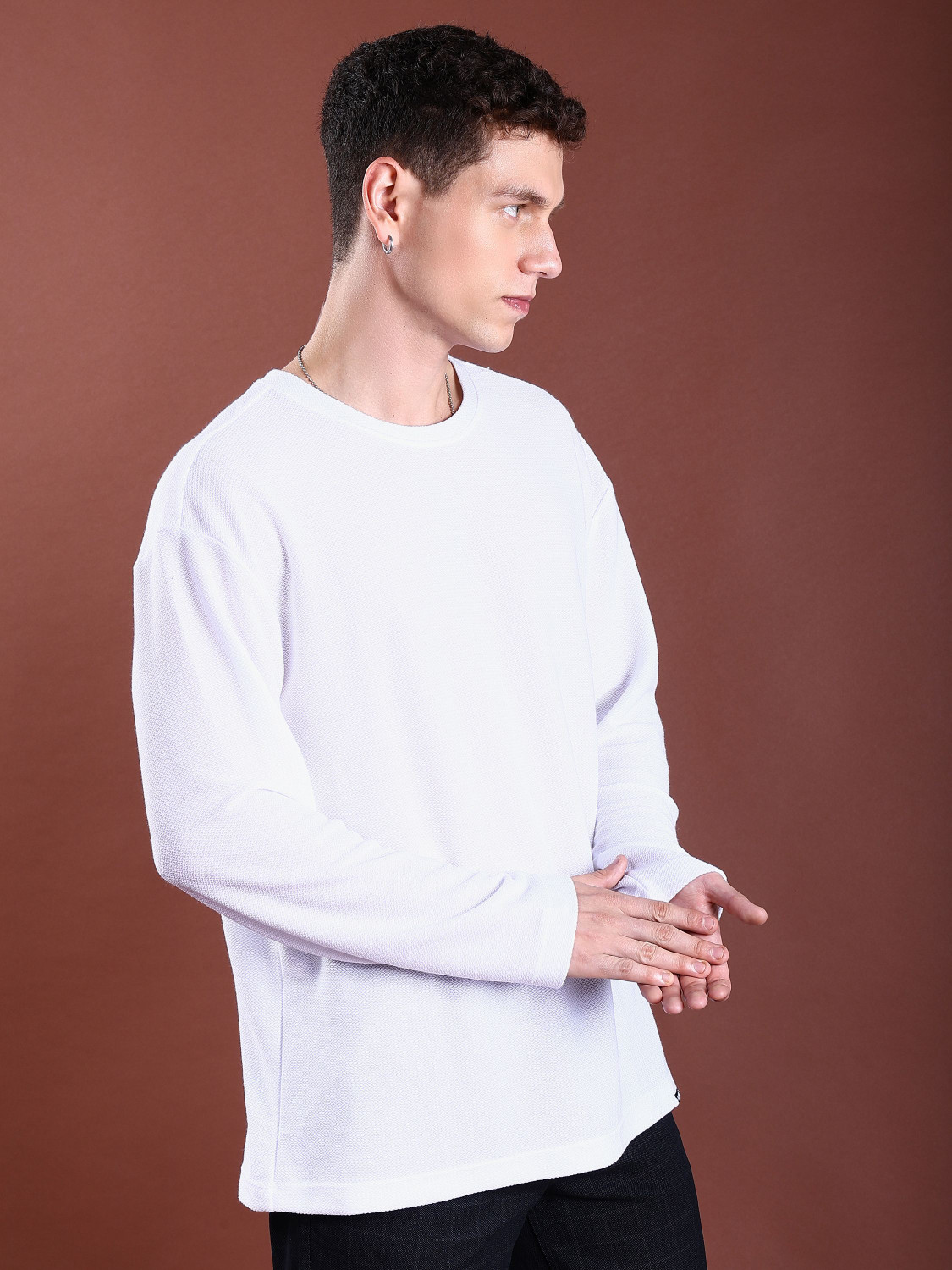 Image of HIGHLANDER Self Design Men Round Neck White T-Shirt