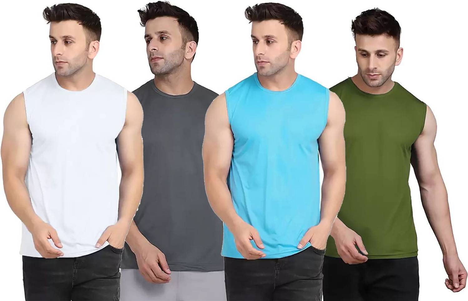 Think Tech Pack of 4 Men Solid Round Neck Polyester White, Grey,