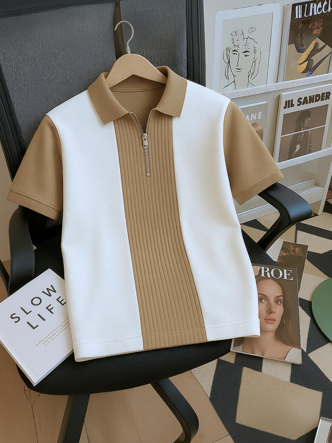 Image of Try This Colorblock Men Polo Neck Brown, White T-Shirt