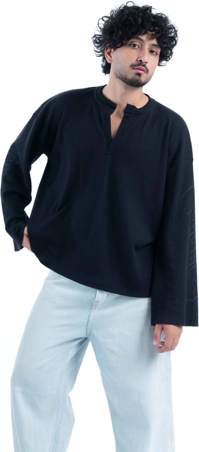 COITONIC Men Mandarin Collar Black T-Shirt - Image 1