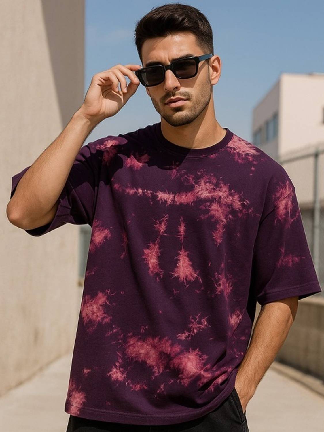 Veirdo Oversized Men Tie & Dye Round Neck Pure Cotton Multicolor