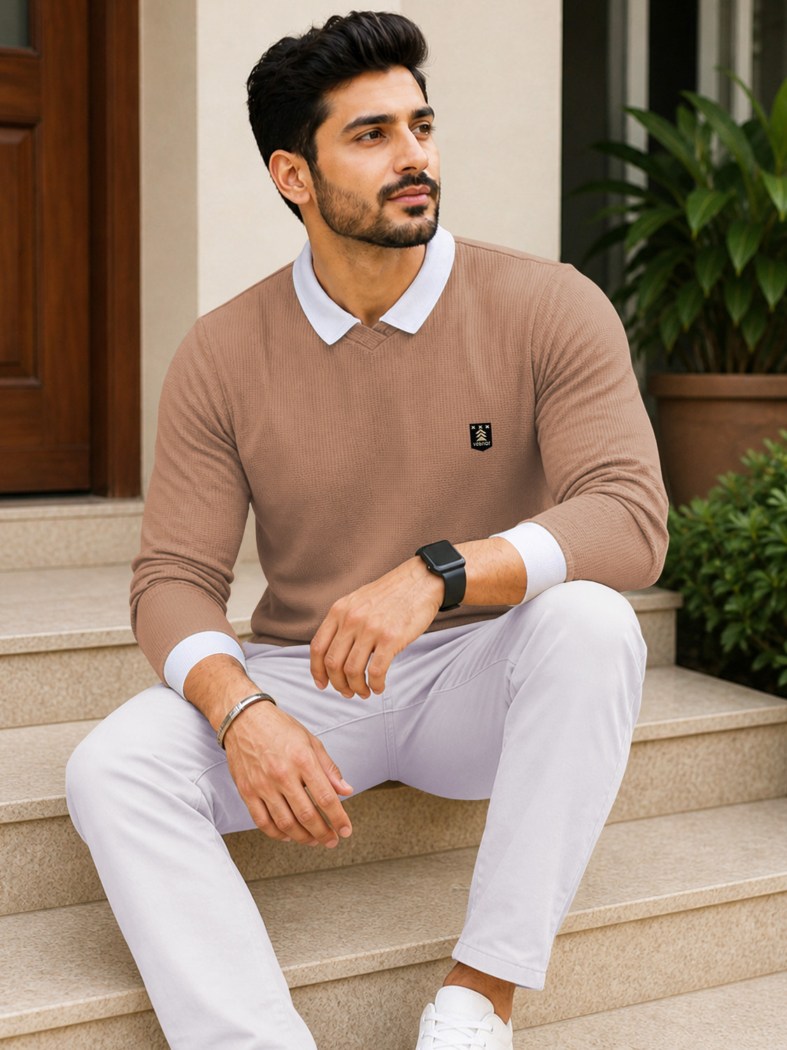 Image of VeBNoR Solid Men Polo Neck Brown T-Shirt