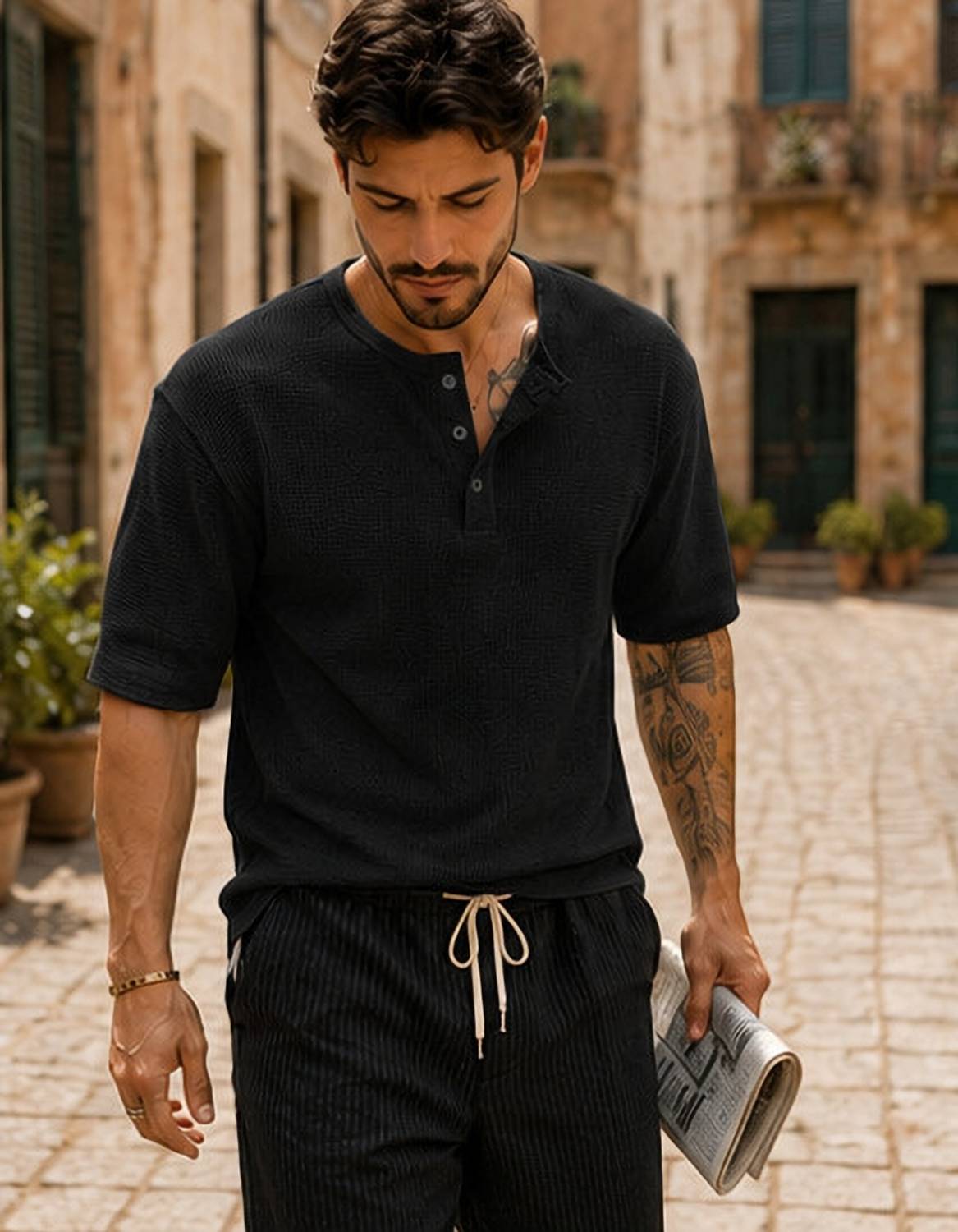 HOODLER Men Henley Neck Black T-Shirt - Image 5