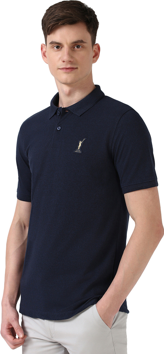 Image of PETER ENGLAND Self Design Men Polo Neck Blue T-Shirt