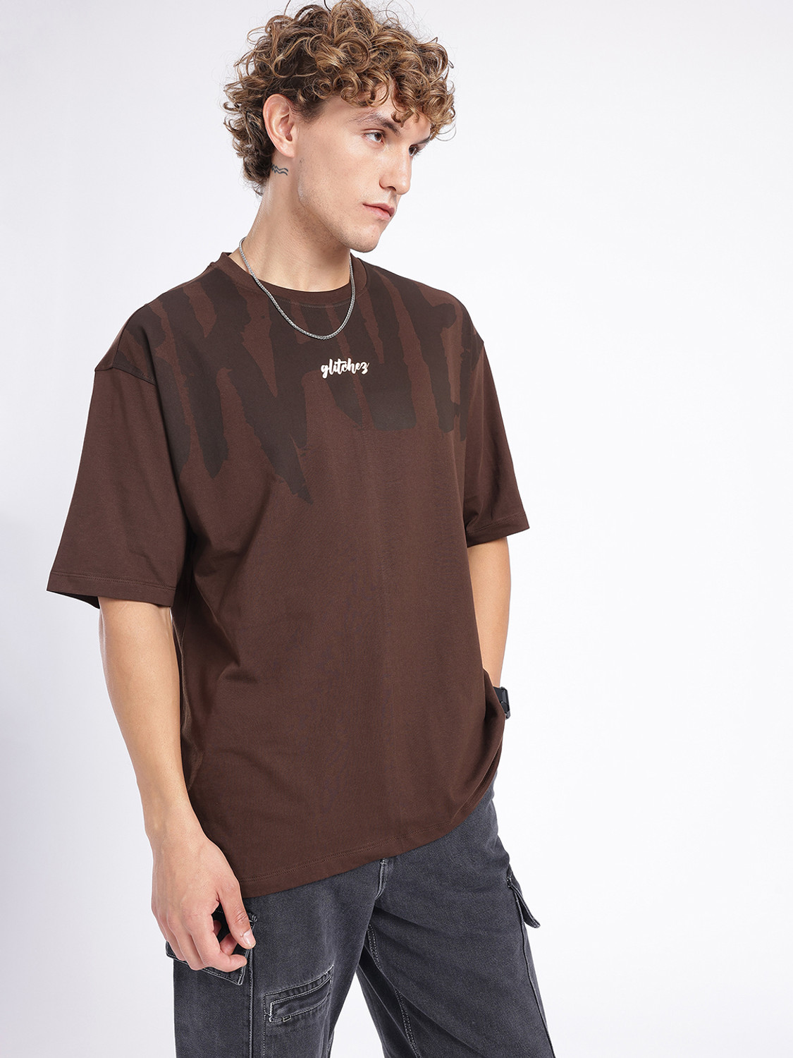 Image of Glitchez Graphic Print Men Round Neck Brown T-Shirt
