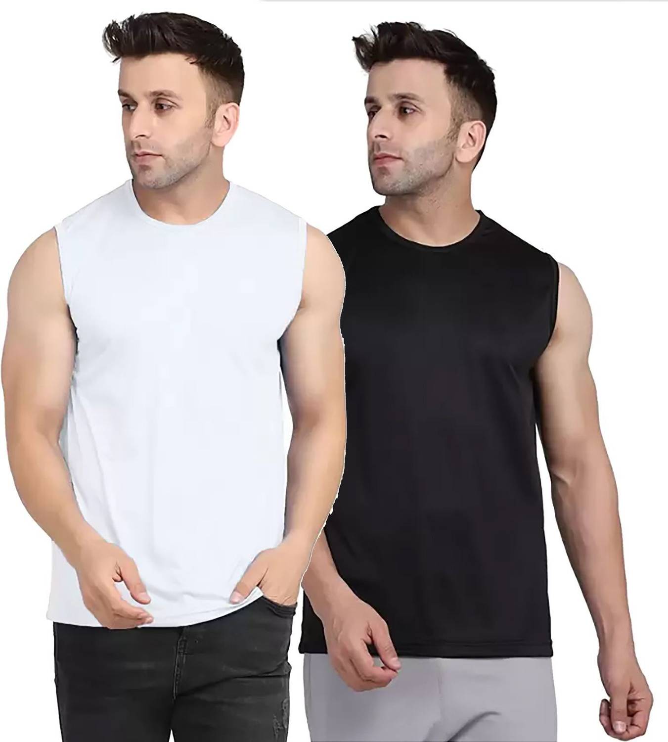 Renowned Pack of 2 Men Solid Round Neck Polyester White, Black T-