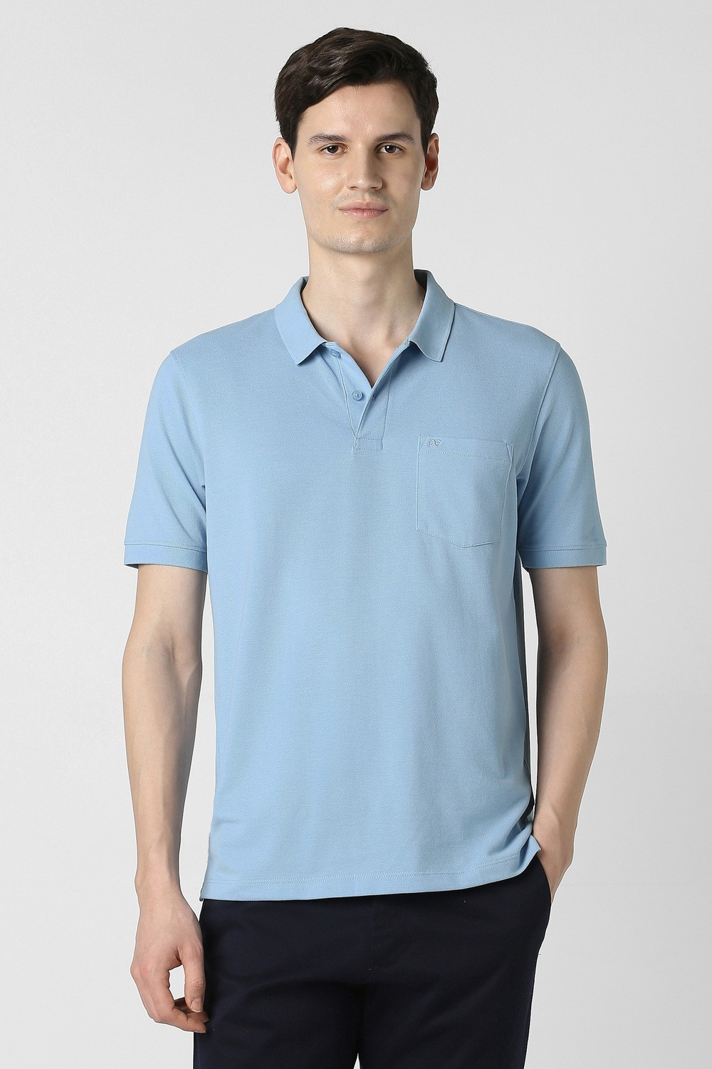 Image of PETER ENGLAND Men Solid Polo Neck Polycotton Light Blue T-Shirt