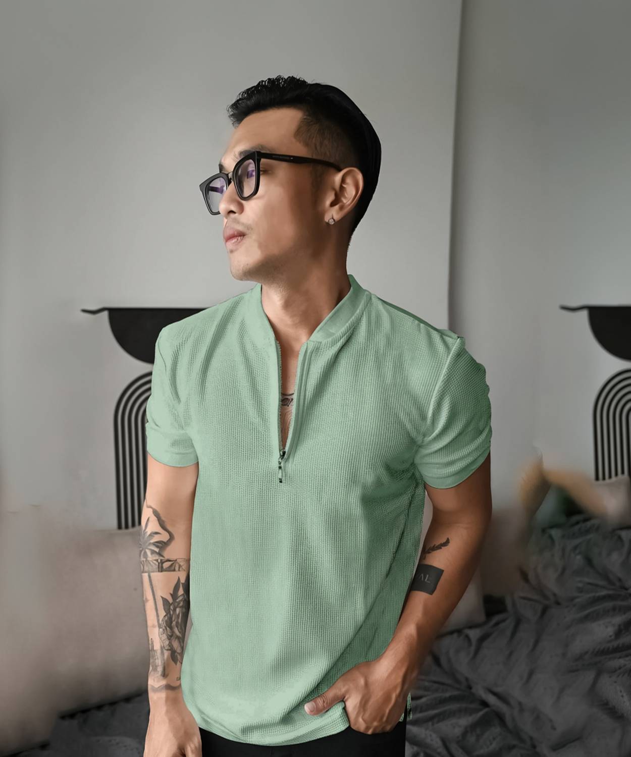 Jump Cuts Men Green Henley Neck T-Shirt - Image 1