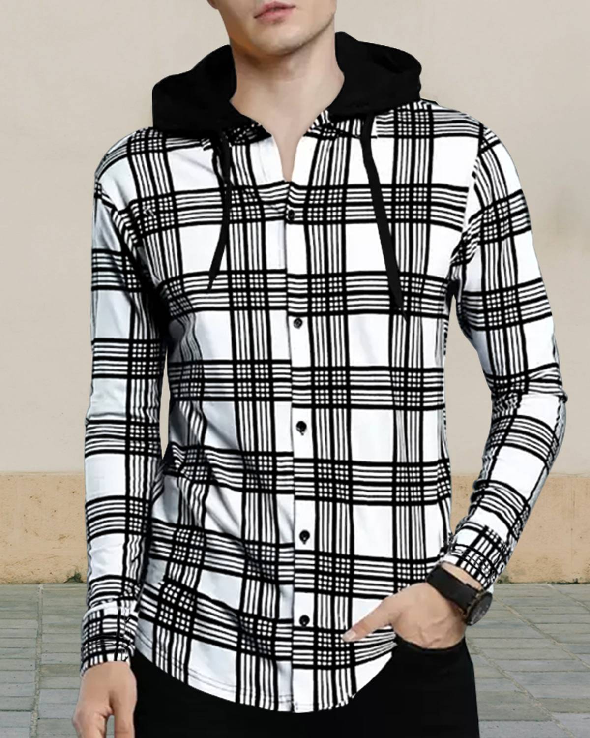 EyeBogler Men Regular Fit Checkered Hood Collar Casual Shirt
