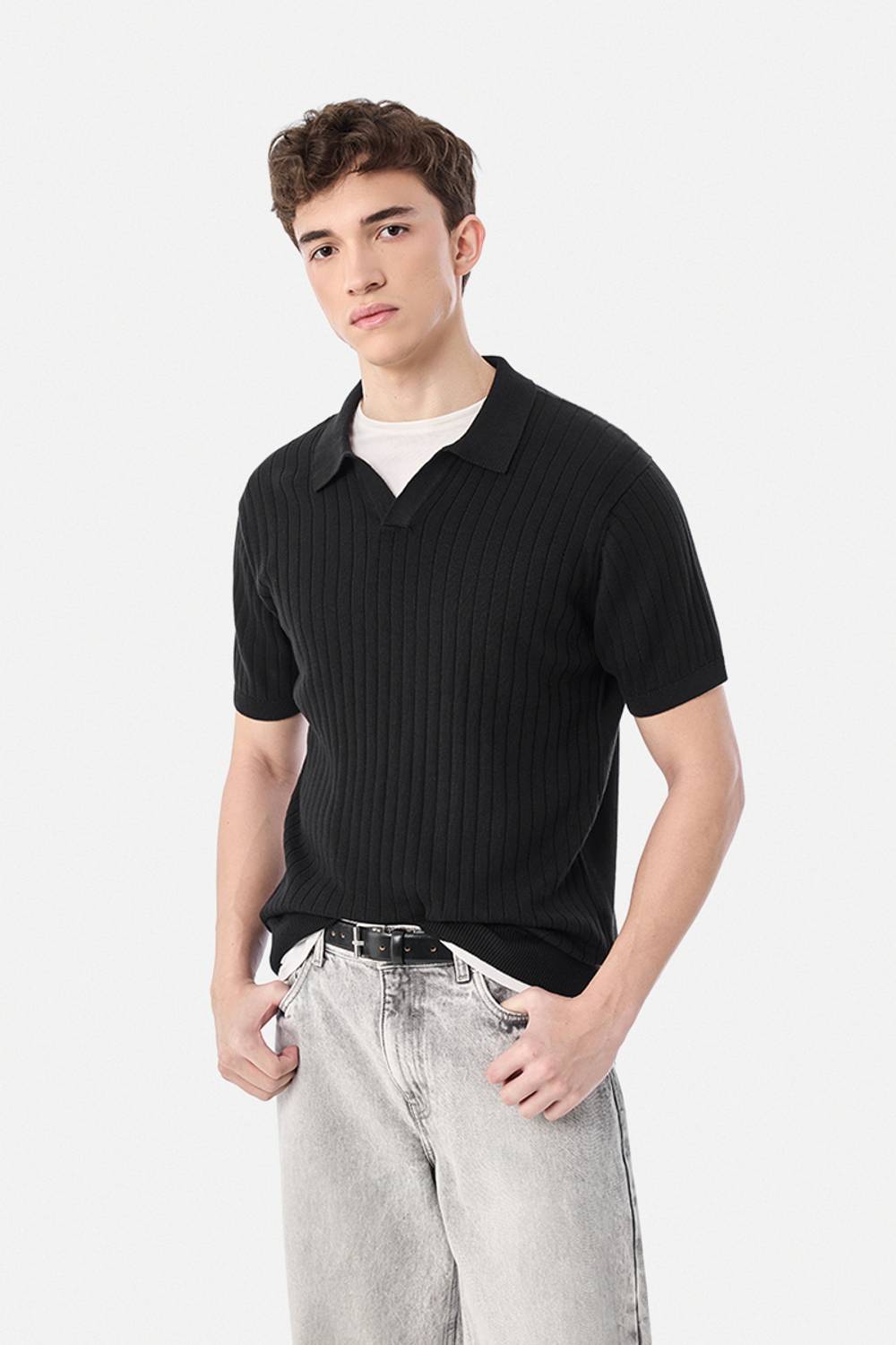 Snitch Men's Solid Polo Neck Pure Cotton Black T-Shirt - Image 1