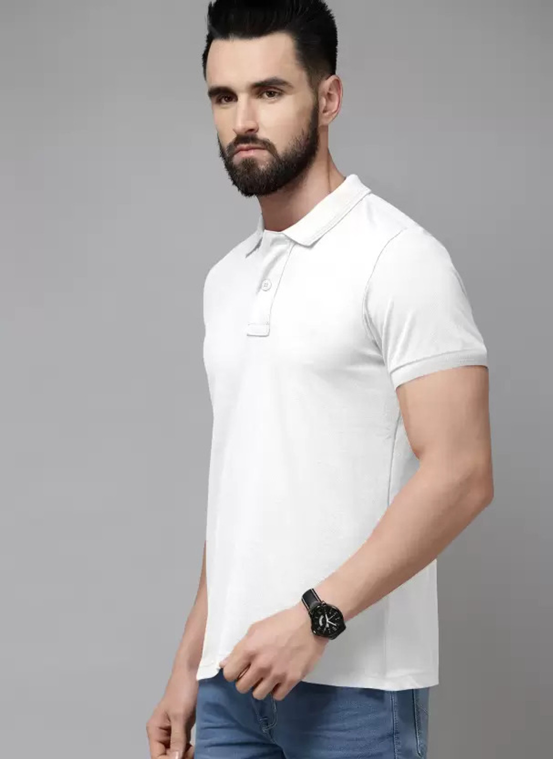 Image of iDOLESHOP Solid Men Polo Neck White T-Shirt