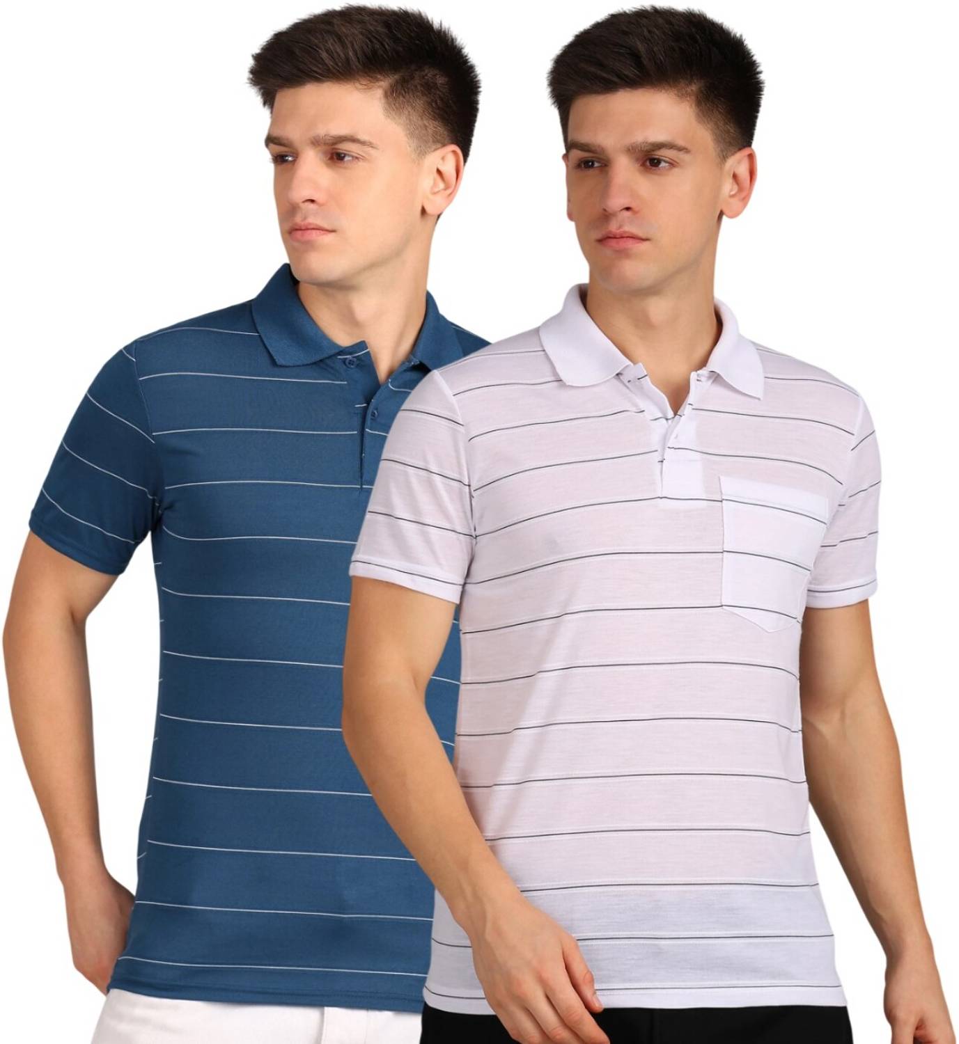 INKKR Pack of 2 Men Striped Polo Neck Cotton Blend Multicolor T-S