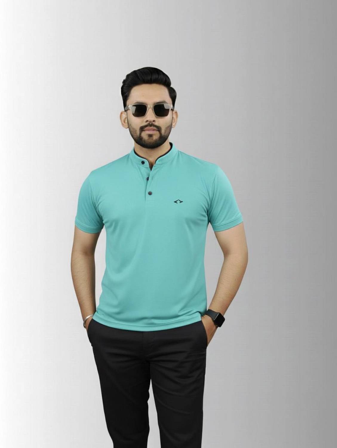 BUFFARO Solid Men Mandarin Collar Blue T-Shirt