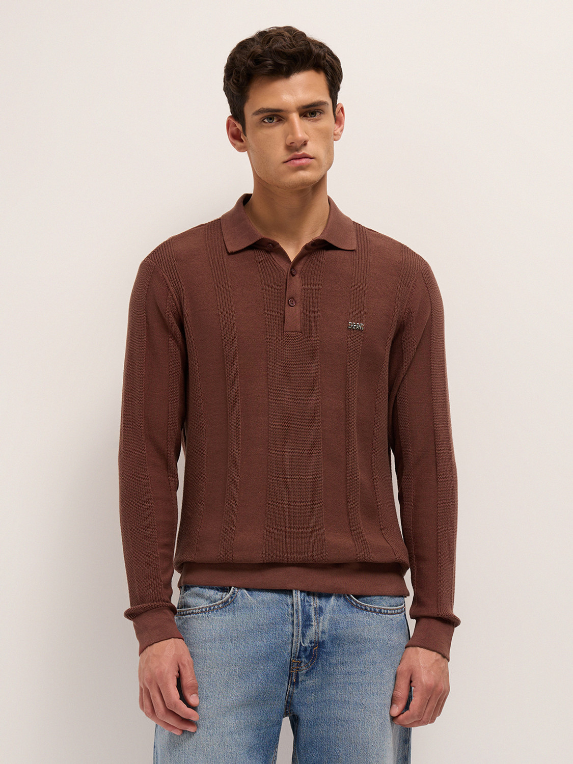 Image of THE BEAR HOUSE Striped Men Polo Neck Brown T-Shirt