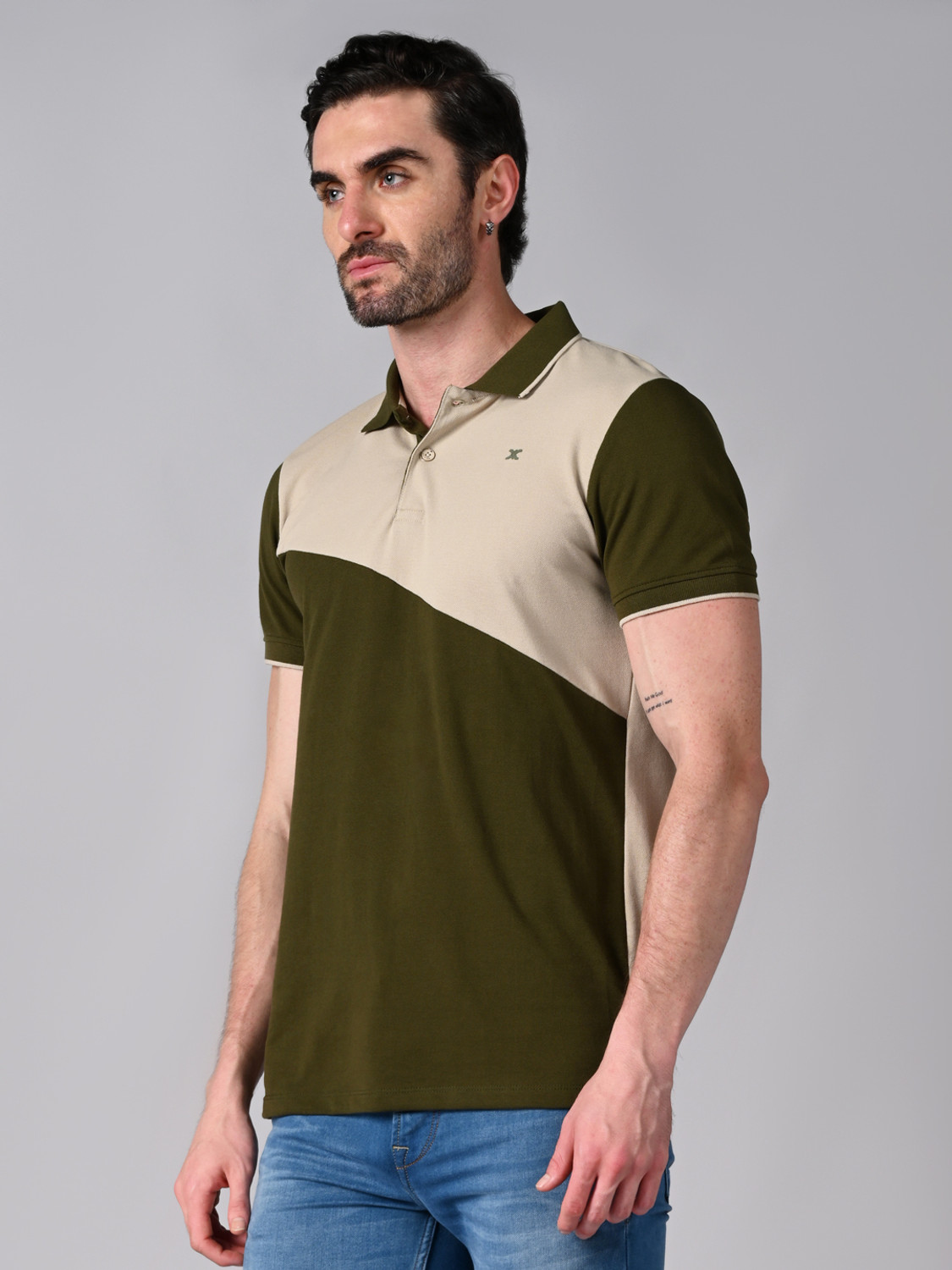Image of KILLER Colorblock Men Polo Neck Dark Green, Beige T-Shirt