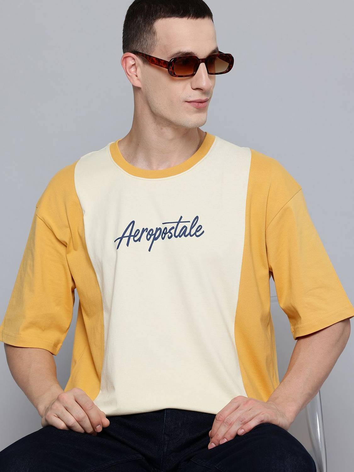 AEROPOSTALE Colorblock Men Round Neck Beige T-Shirt
