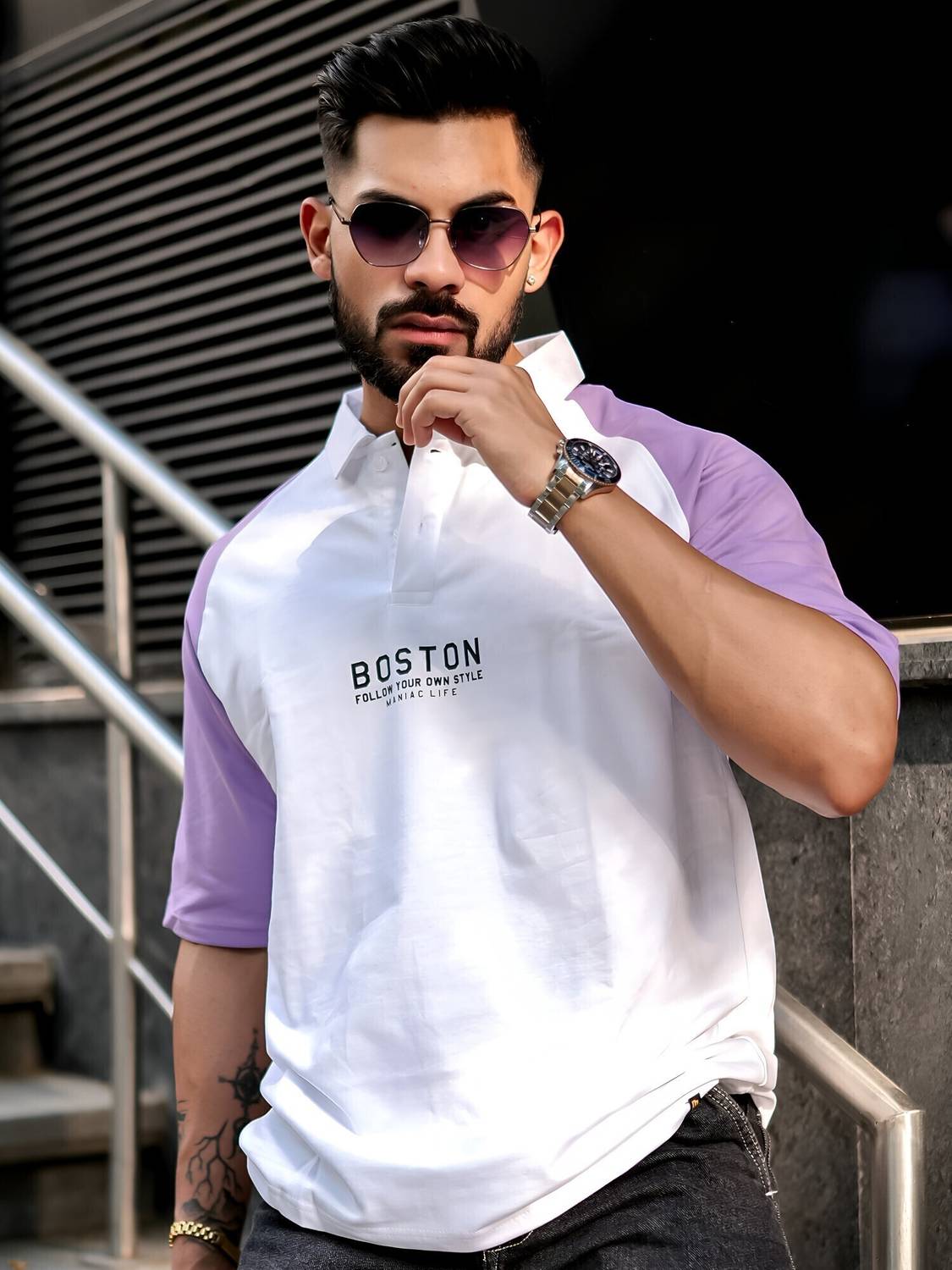 MANIAC Colorblock Men Polo Neck Purple, White T-Shirt