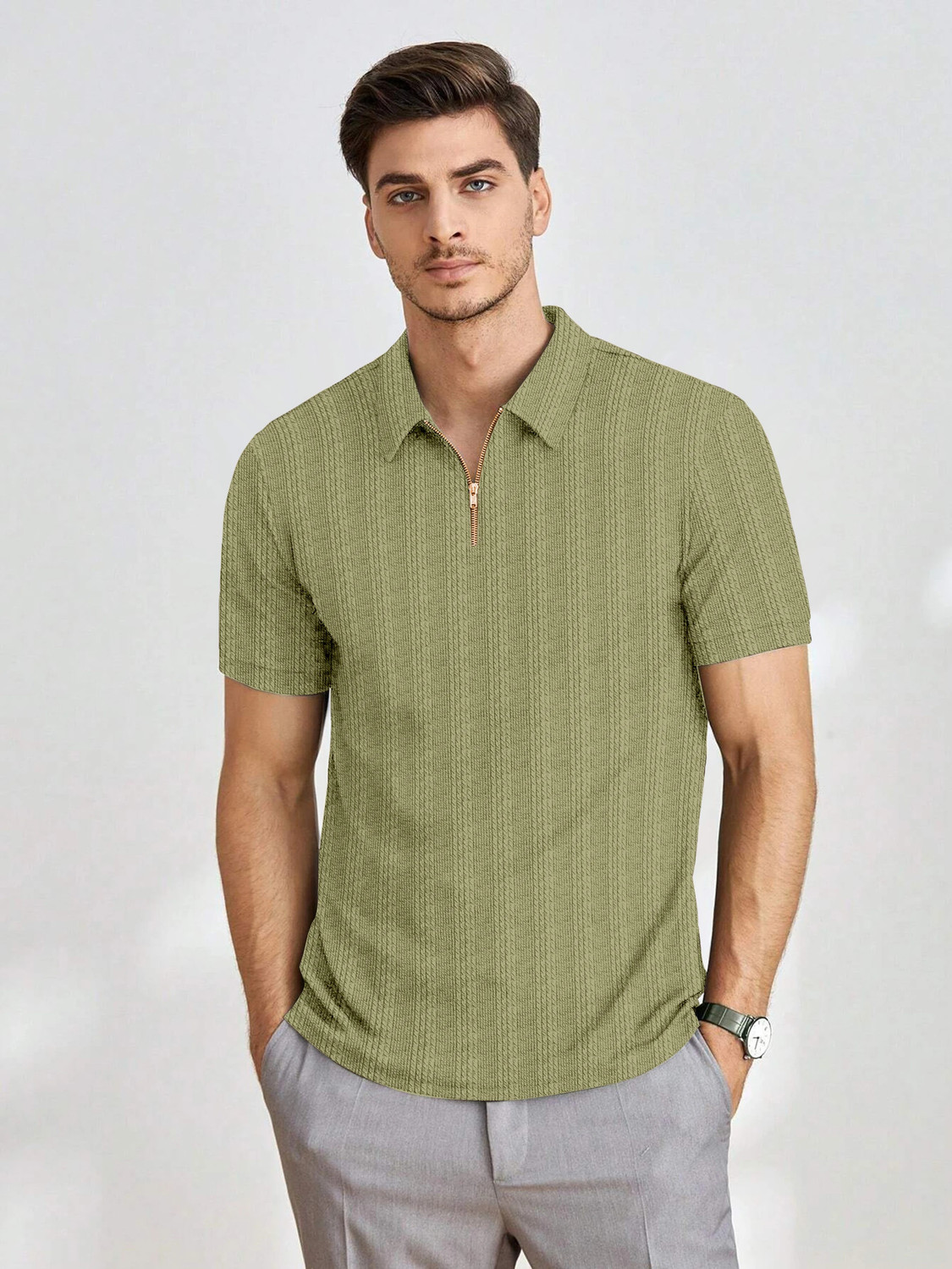 Image of COMBRAIDED Striped Men Zip Neck Green T-Shirt