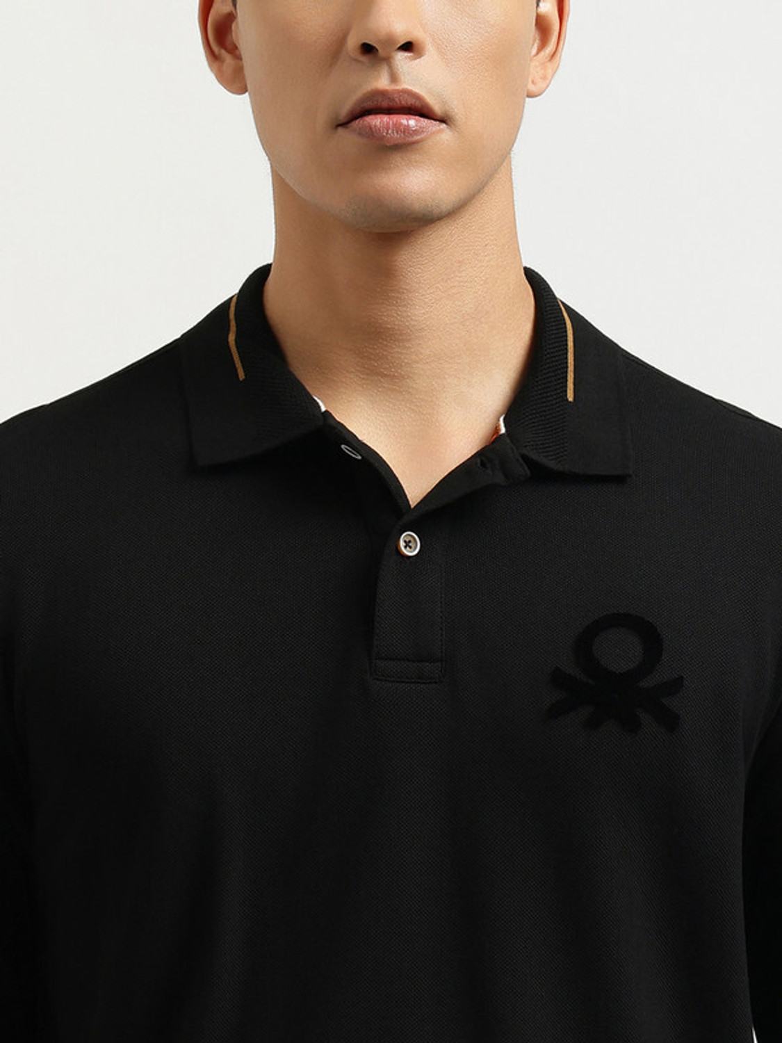 Image of United Colors of Benetton Printed Men Polo Neck Black T-Shirt