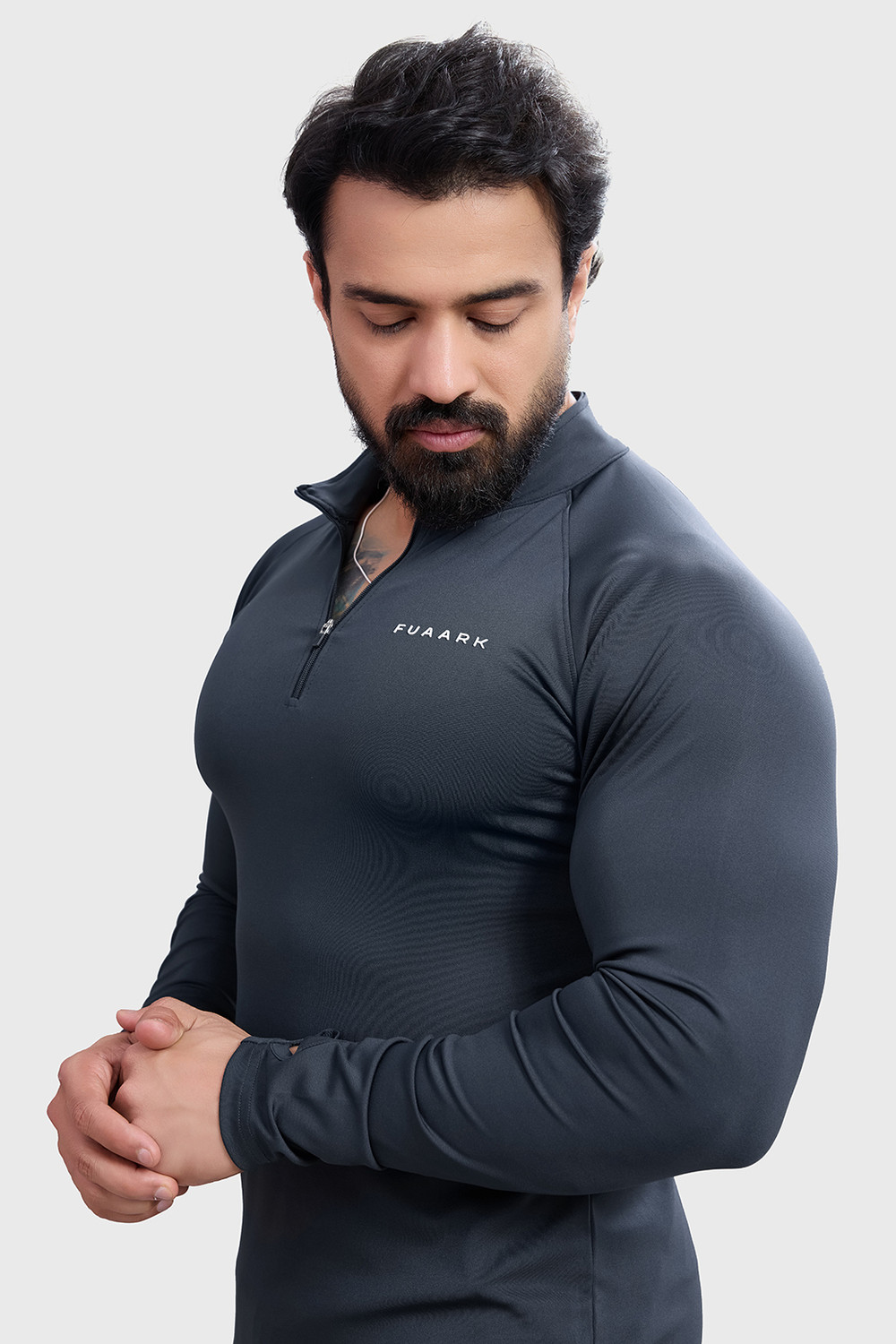 Image of FuaarK Solid Men Zip Neck Grey T-Shirt
