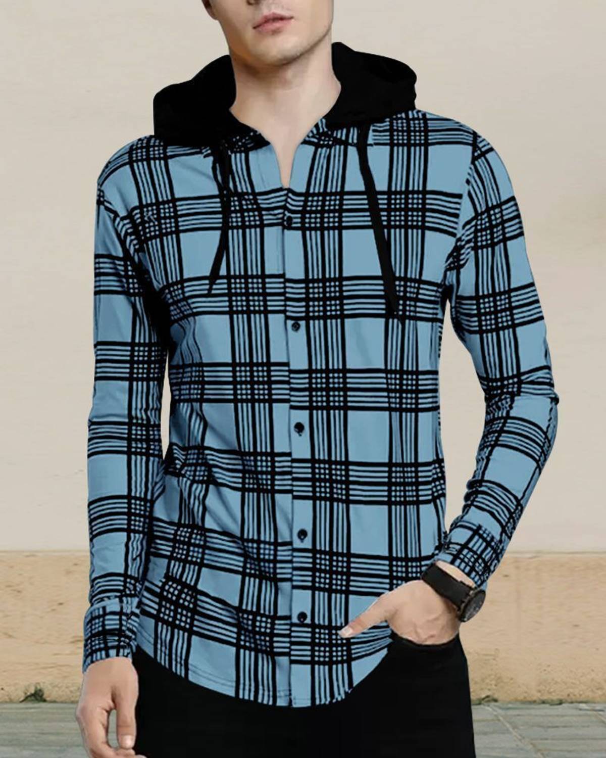 EyeBogler Men Colorblock Hooded Neck Cotton Blend Light Blue T-Sh