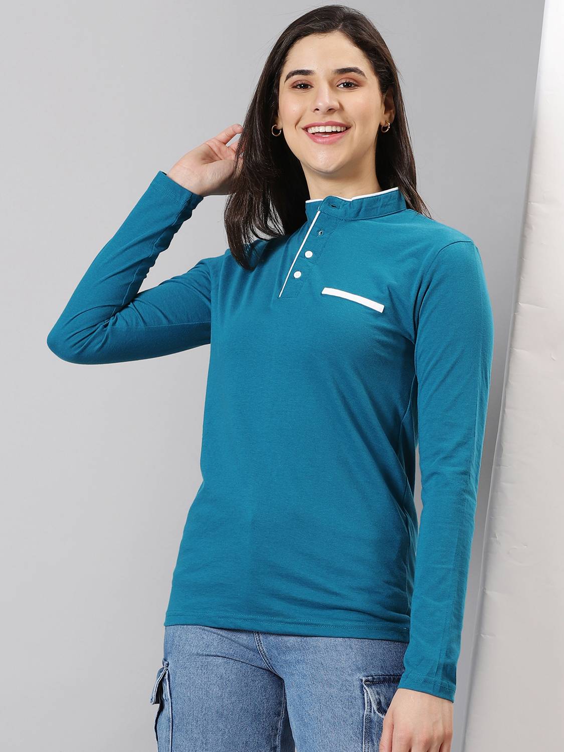 AUSK Women Mandarin Collar Dark Blue T-Shirt - Image 3