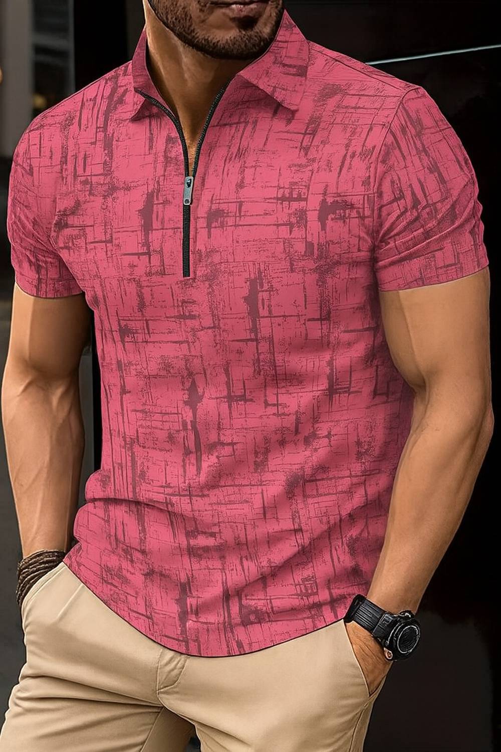 ENDGAME Men Tie & Dye Zip Neck Elastane Pink T-Shirt